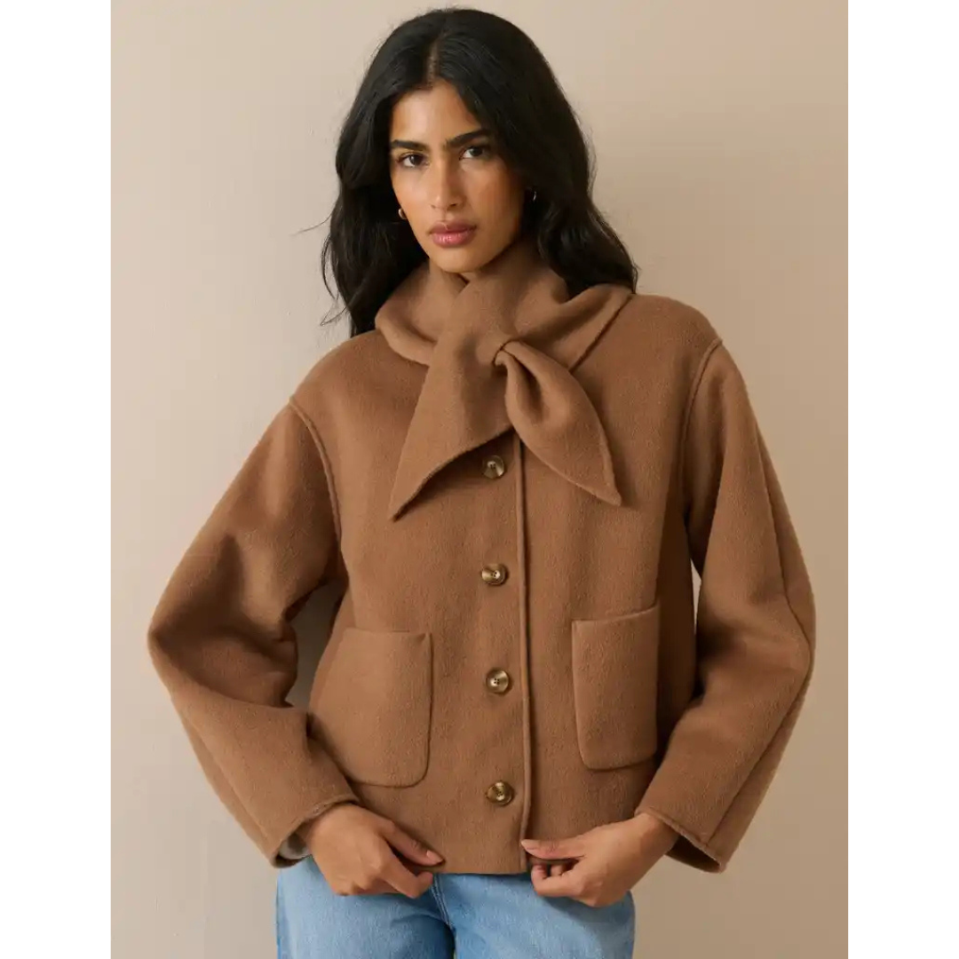 Camel Wool-Blend Neck Tie Jacket