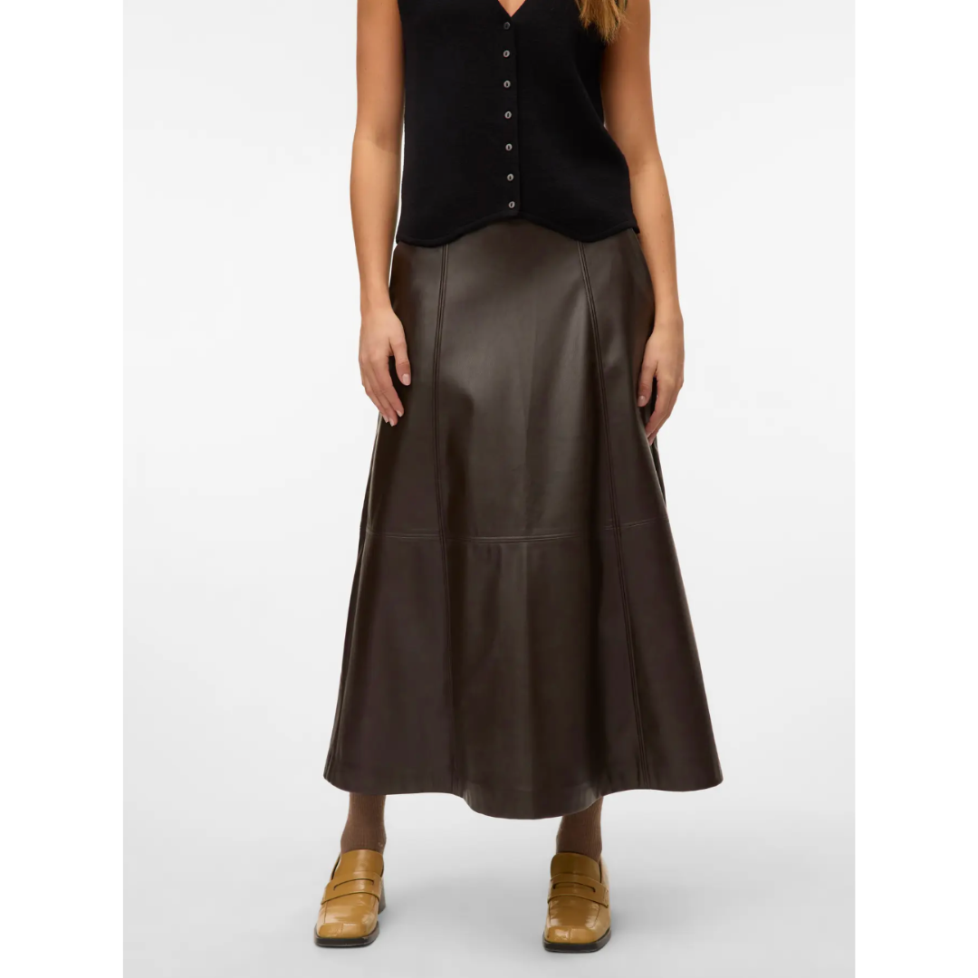 Brown Faux Leather Midi Skirt