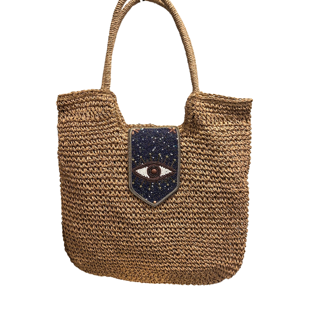 Beaded Eye Raffia Tote Bag