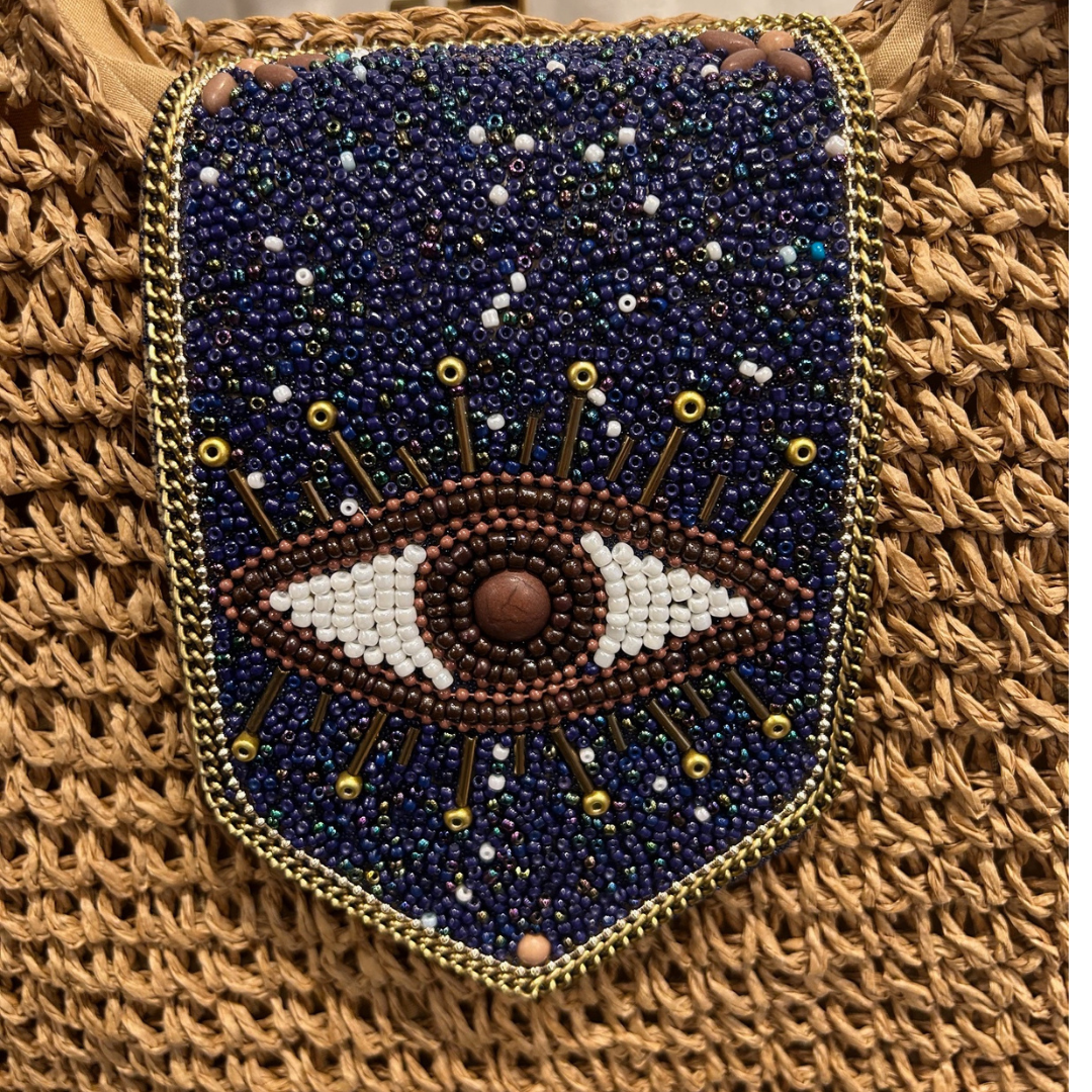 Beaded Eye Raffia Tote Bag
