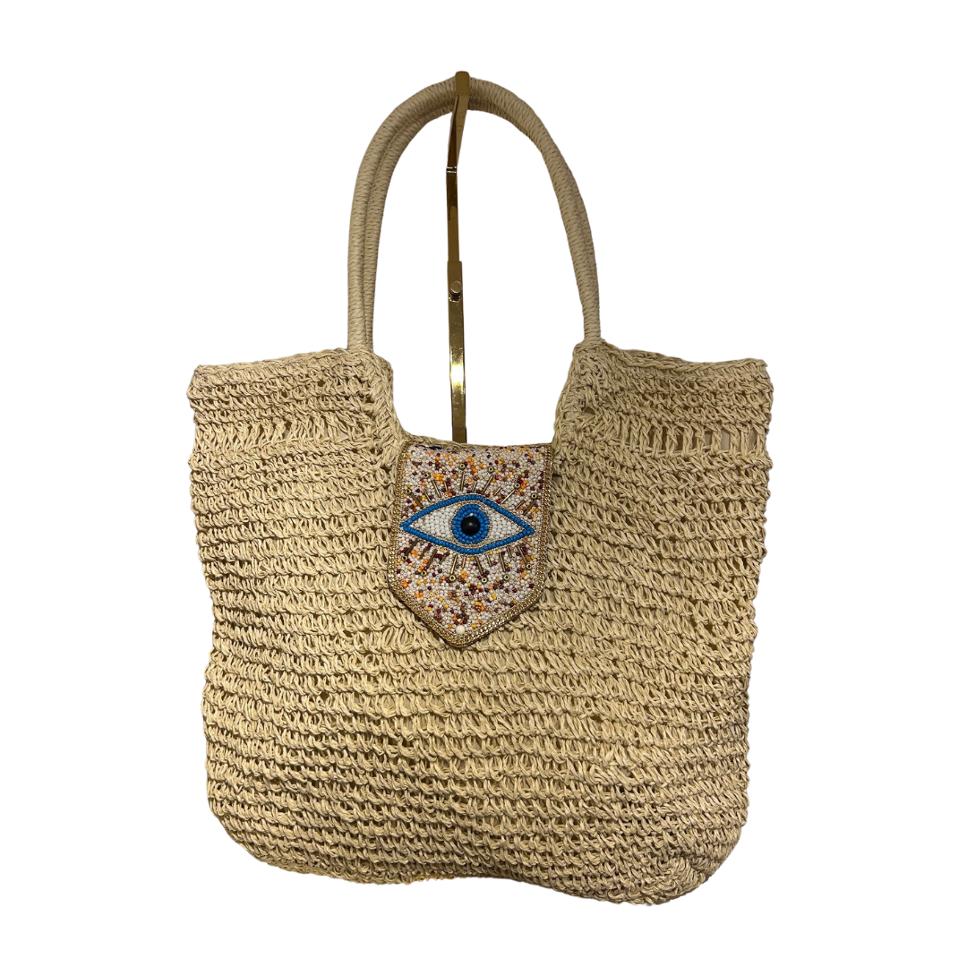 Beaded Eye Raffia Tote Bag