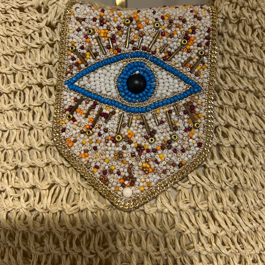 Beaded Eye Raffia Tote Bag