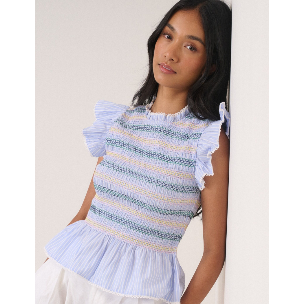 Blue Striped Shirred Top