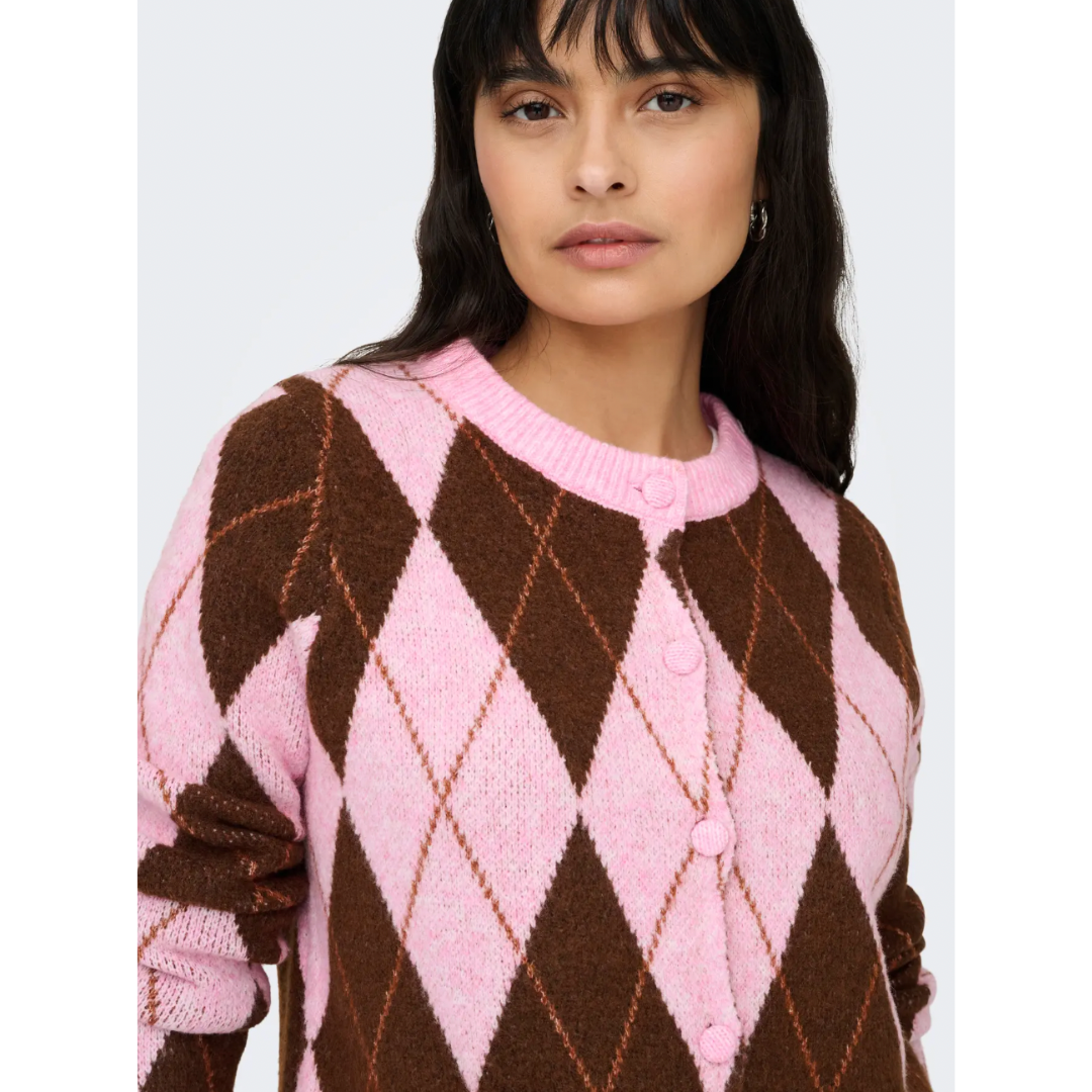 Pink & Chocolate Argyle Knit Cardigan