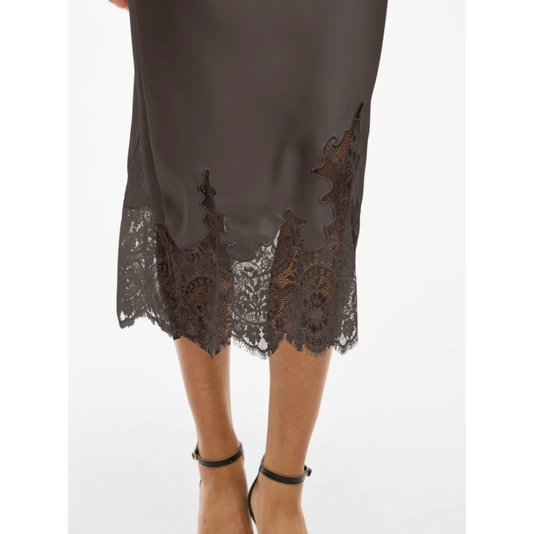 Sabel Chocolate Satin & Lace Midi Skirt