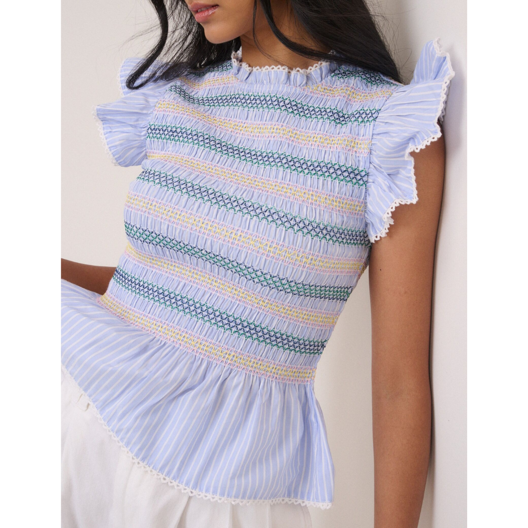 Blue Striped Shirred Top