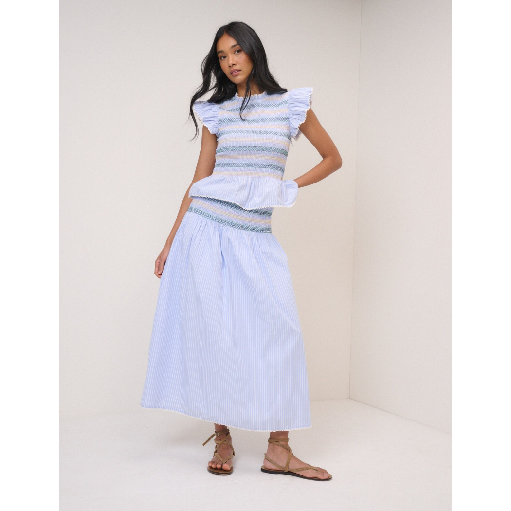 Blue Striped Shirred Top