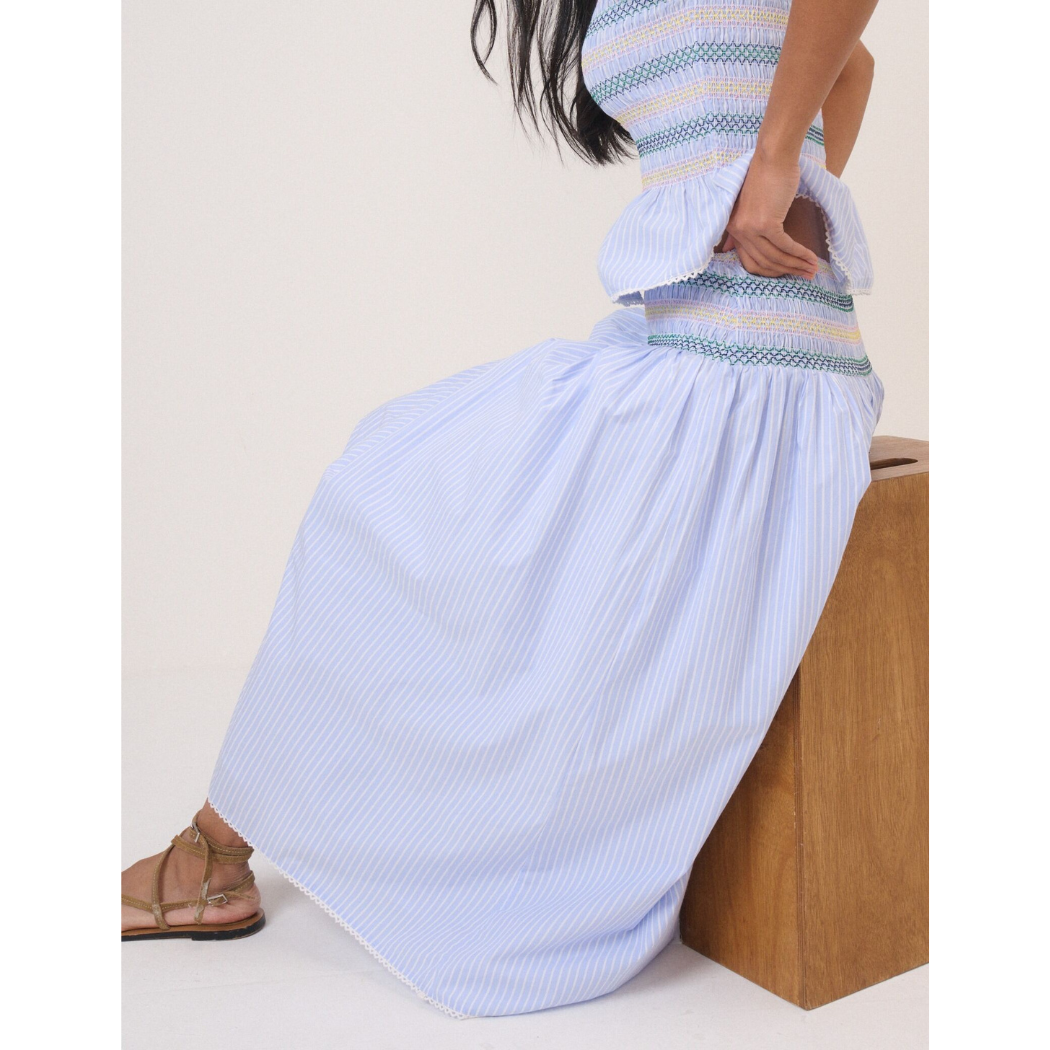 Blue Striped Shirred Waist Midi Skirt