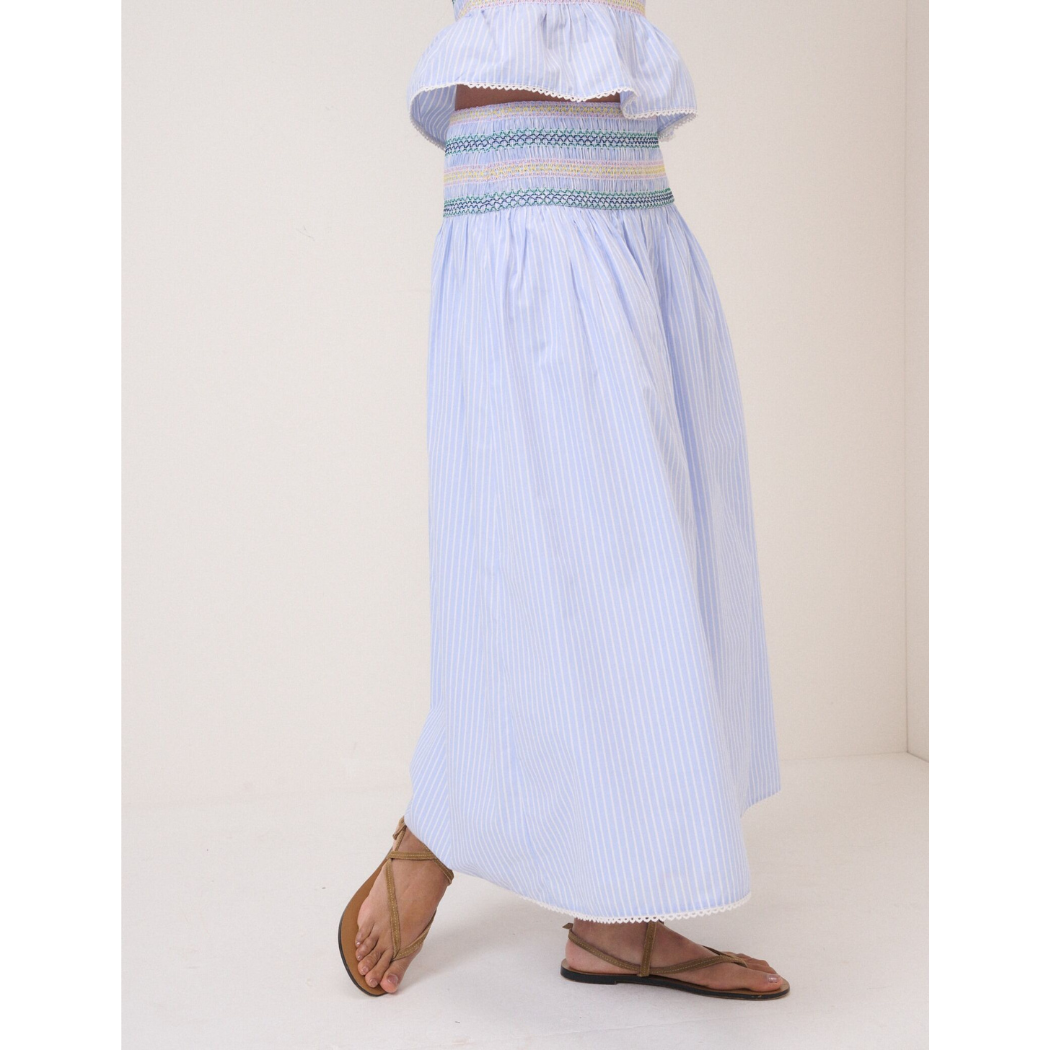 Blue Striped Shirred Waist Midi Skirt