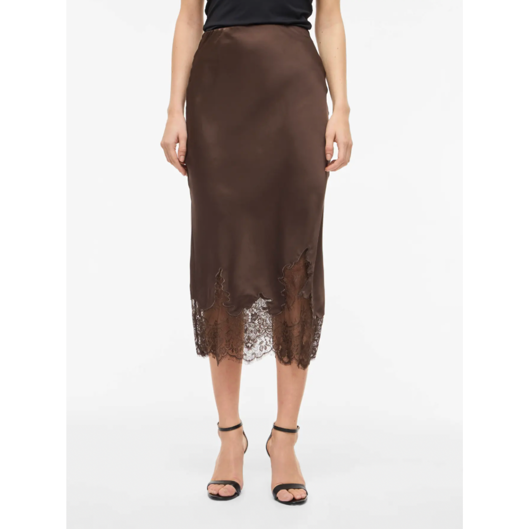 Sabel Chocolate Satin & Lace Midi Skirt