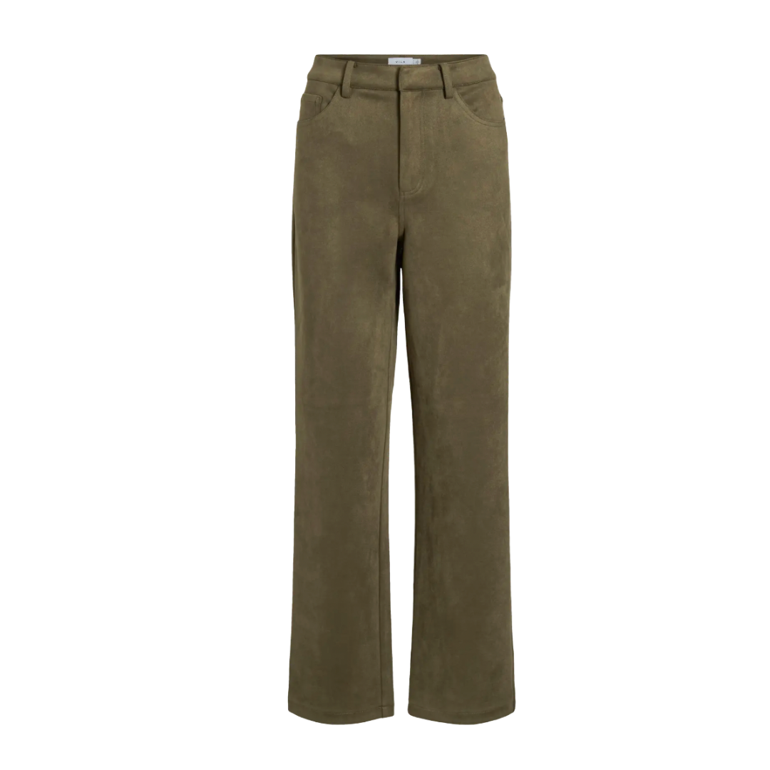 Olive Faux Suede Straight-Leg Trousers