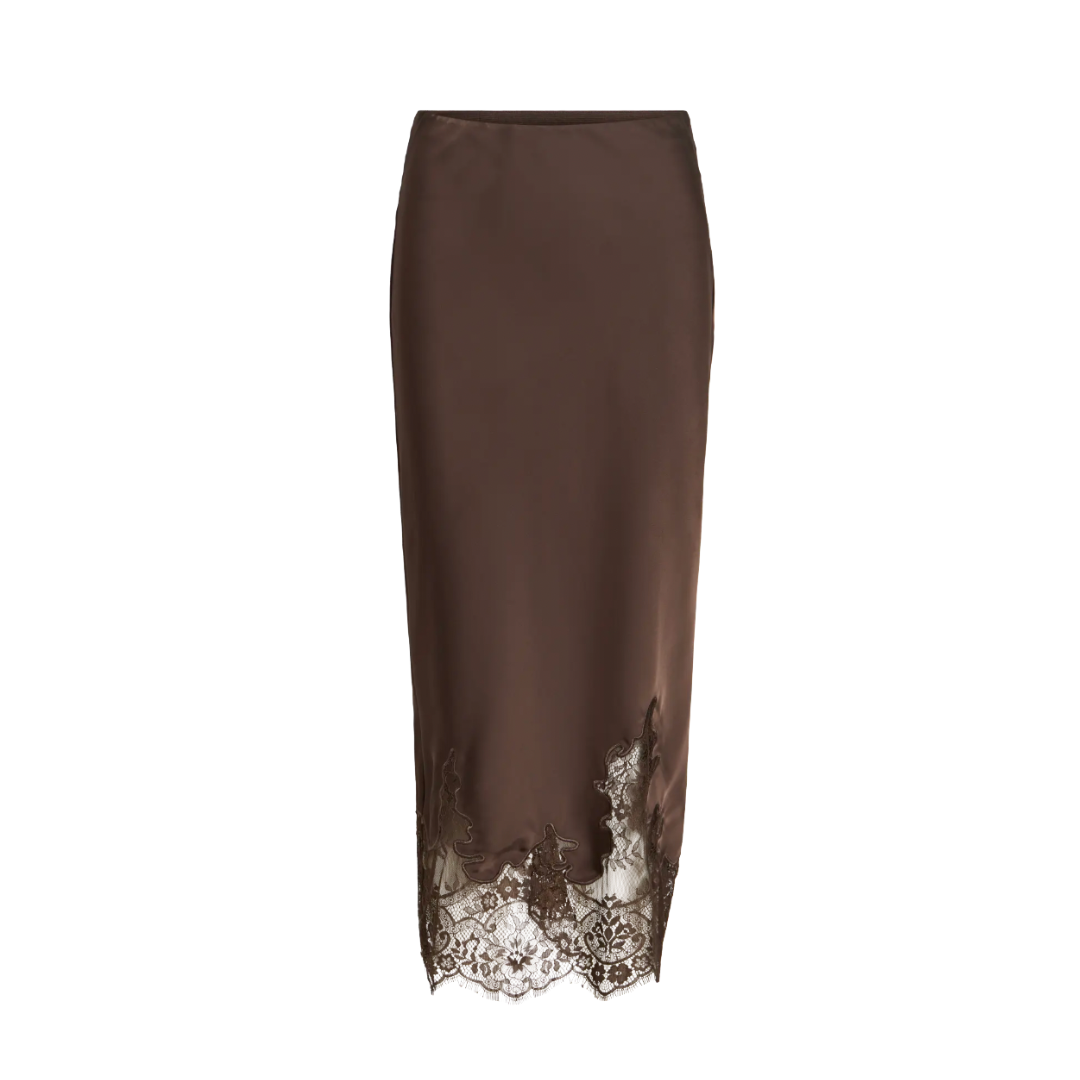 Sabel Chocolate Satin & Lace Midi Skirt