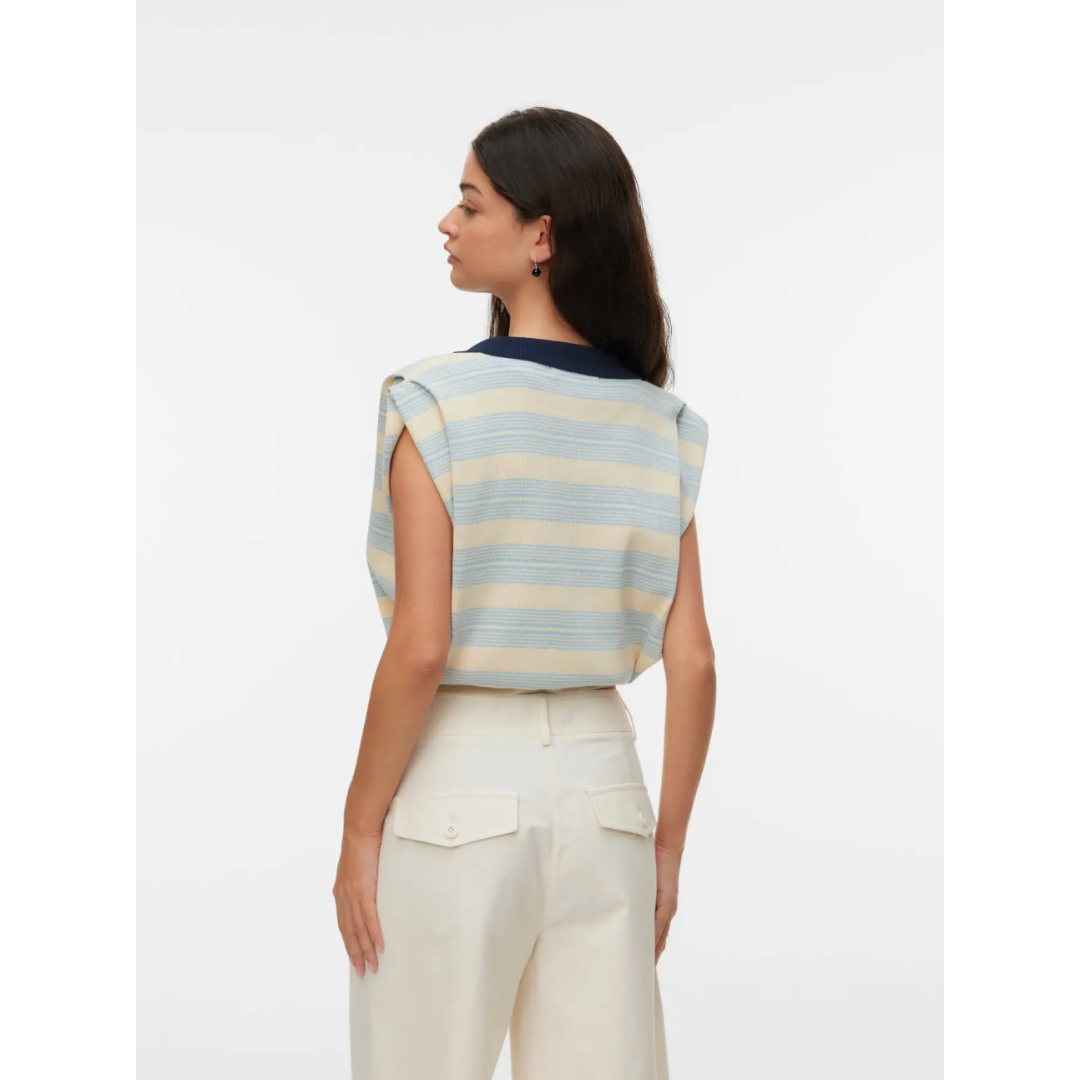 Morgan Sleeveless Polo - Cream & light blue