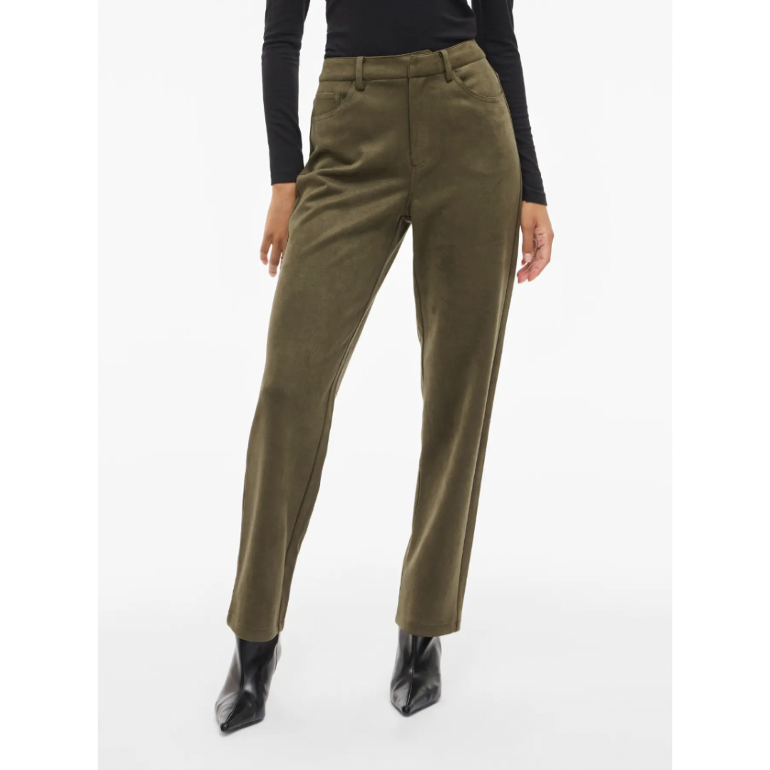 Olive Faux Suede Straight-Leg Trousers