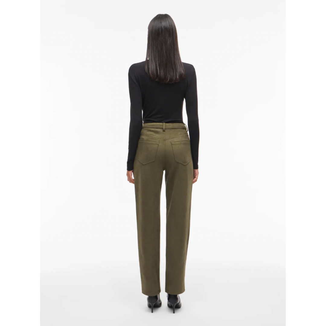 Olive Faux Suede Straight-Leg Trousers