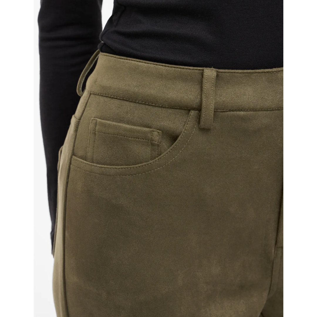 Olive Faux Suede Straight-Leg Trousers