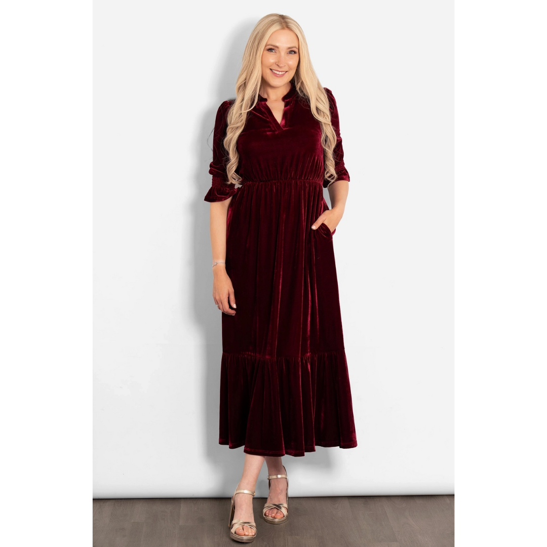 Pandora Velvet Midi Dress - Raspberry Red