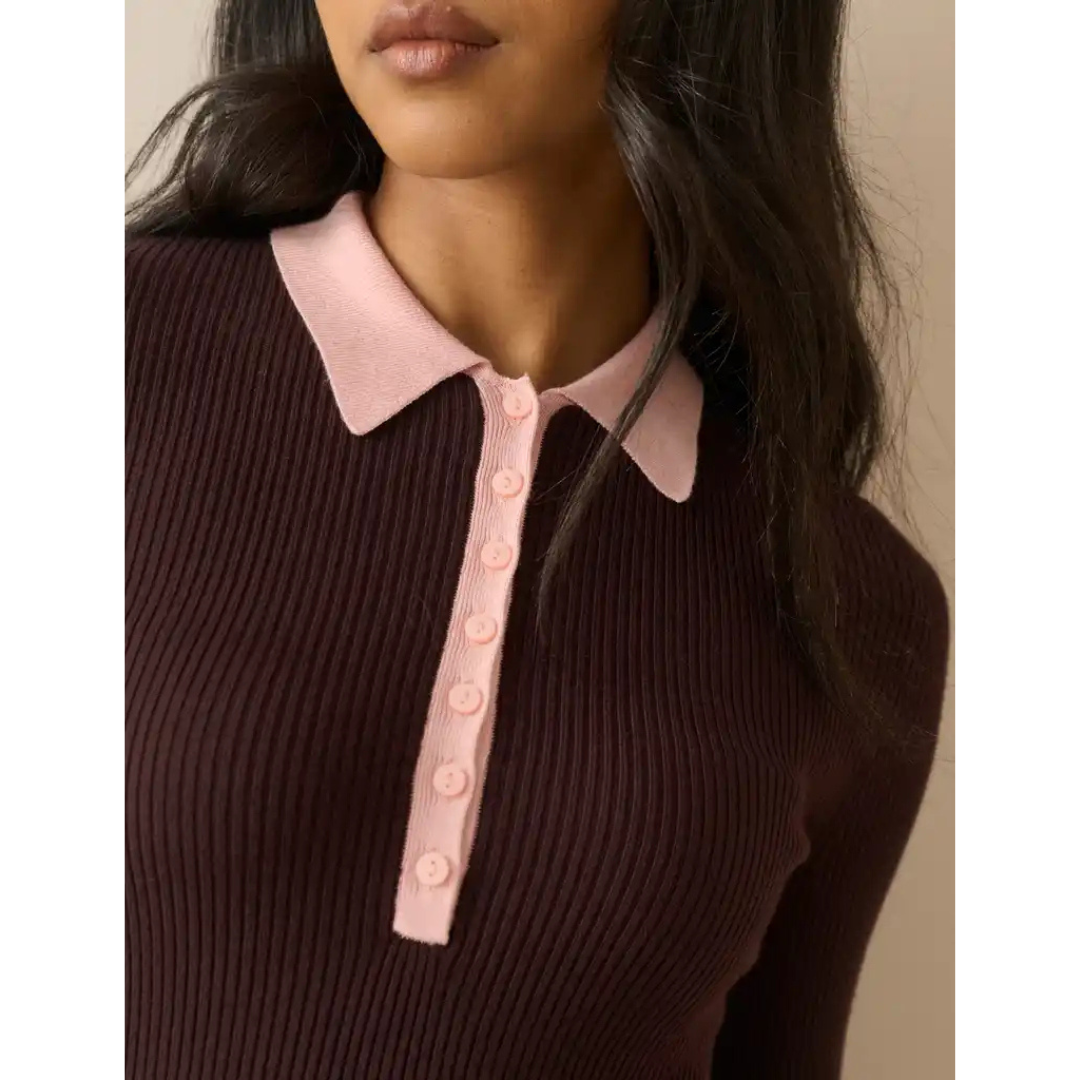 Brown Contrast Collar Rib Polo Top