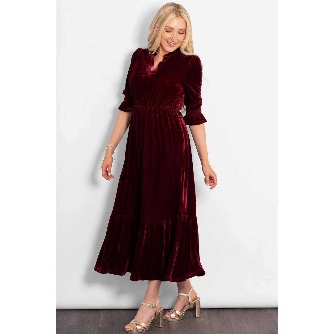 Pandora Velvet Midi Dress - Raspberry Red