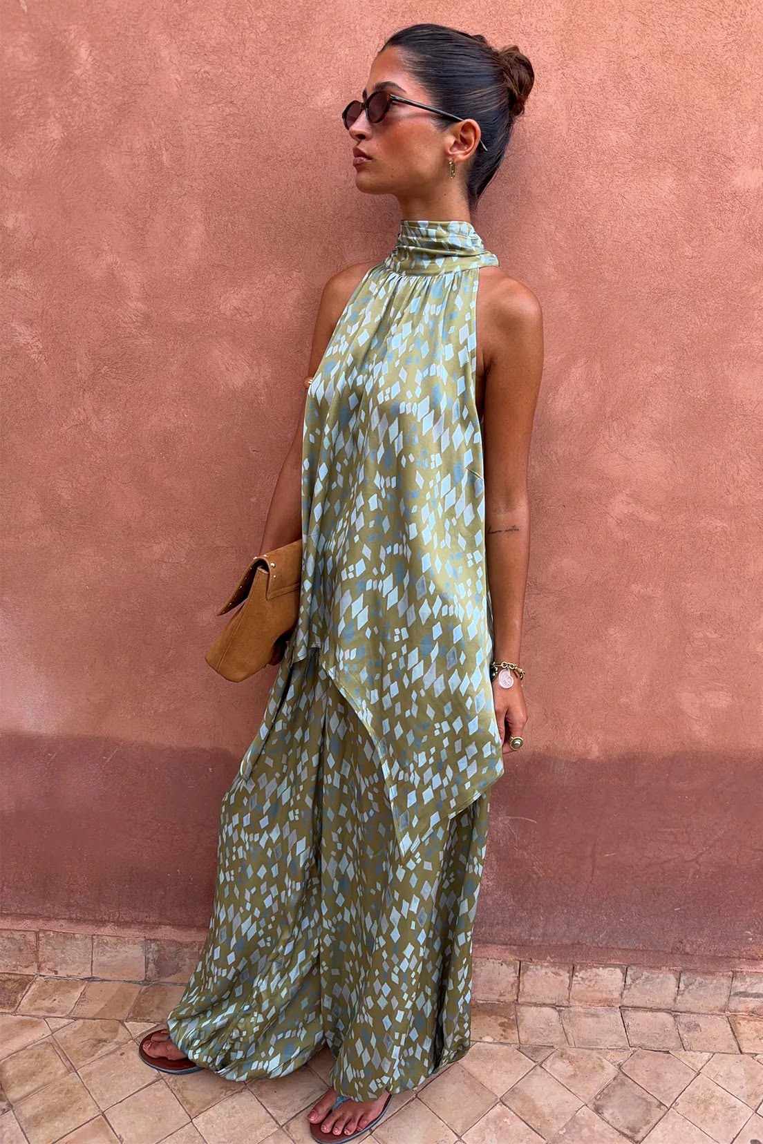Green Diamond Print Halter Top