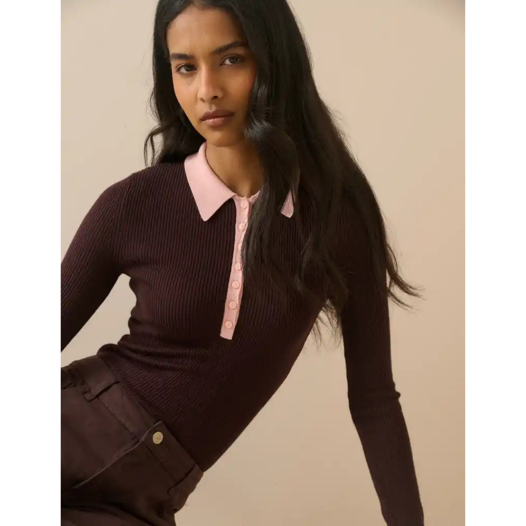 Brown Contrast Collar Rib Polo Top
