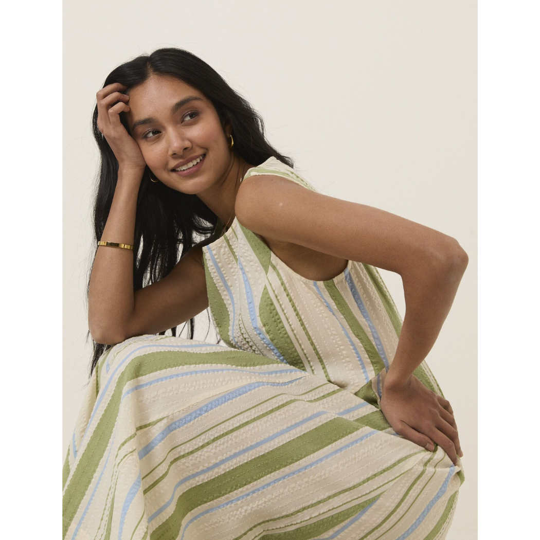 Green & Blue Striped Cedar Midi Dress