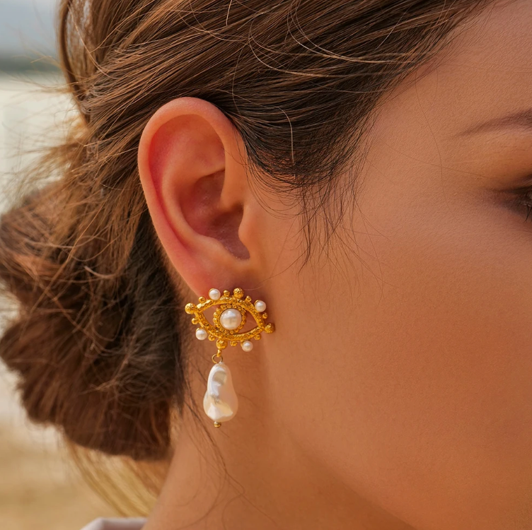 Golden Pearl Eye Earrings