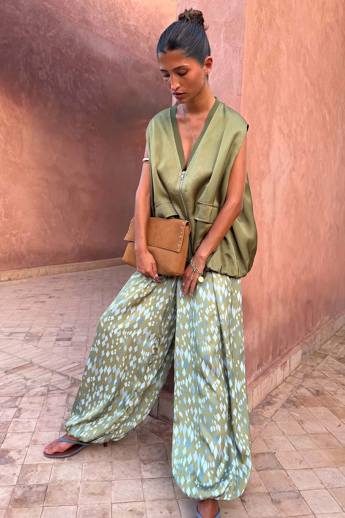 Green Diamond Print Balloon Trouser