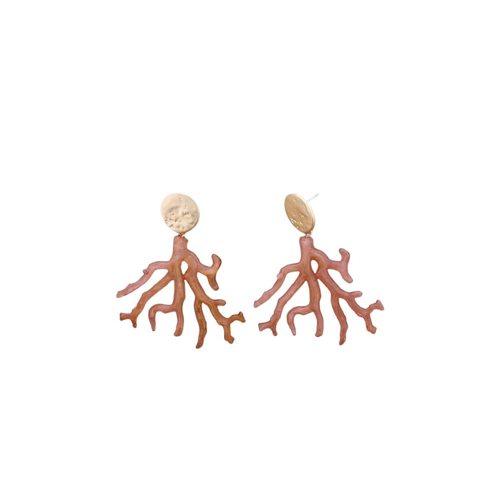 Coral resin gold disk earrings